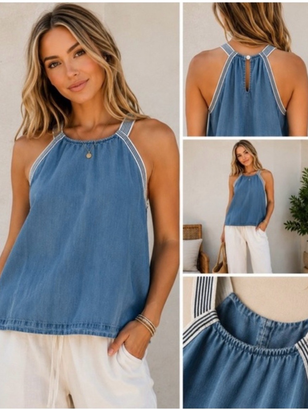Anthropologie Cloth & Stone Chambray Halter Tank Top - Blue/White Trim; Large
